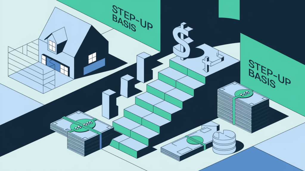 A block illustration depicting the intergenerational transfer of assets, with the "step-up basis" as a staircase raising the asset's value, including elements like a house, stocks, and money.