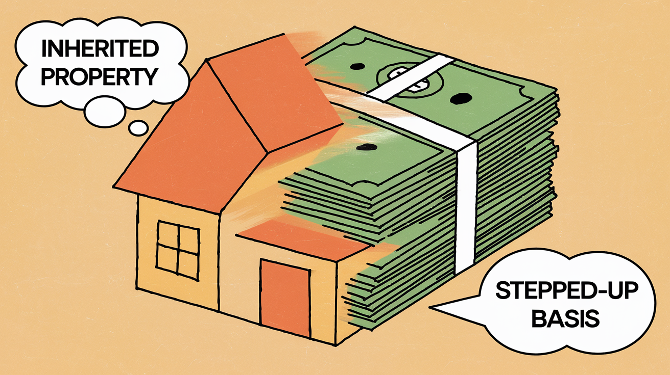 A house transforming into a stack of cash, illustrating the concept of stepped-up basis on inherited property.