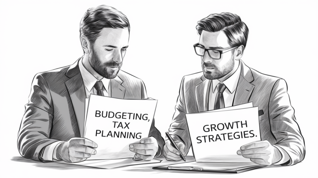 A detailed pencil sketch of an insurance agent and financial advisor discussing financial plans.