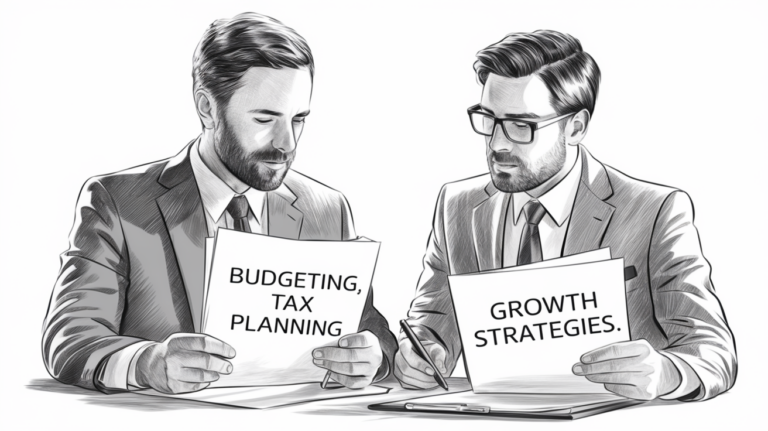 A detailed pencil sketch of an insurance agent and financial advisor discussing financial plans.