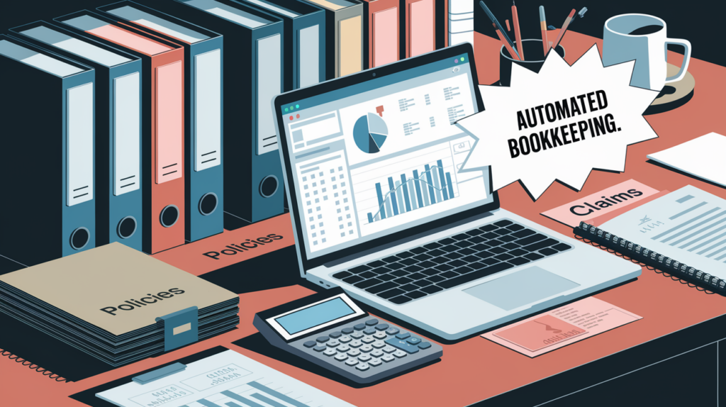 A stylized illustration of an organized desk with bookkeeping tools and the text "Automated Bookkeeping."