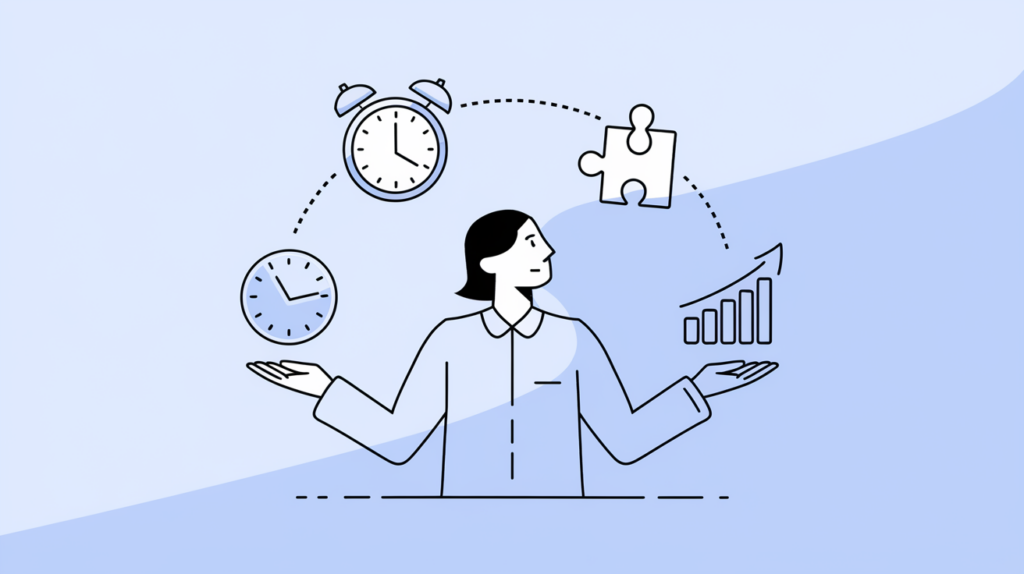 Line art drawing of a person juggling business challenges