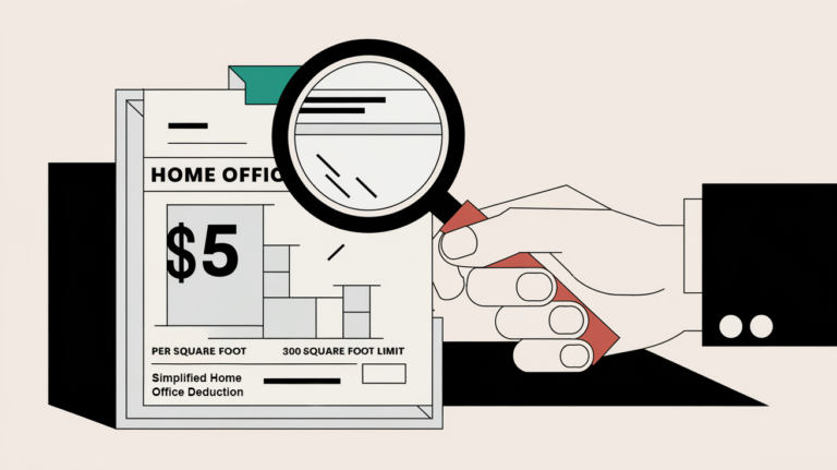 A hand holding a magnifying glass over a stylized home office deduction form.