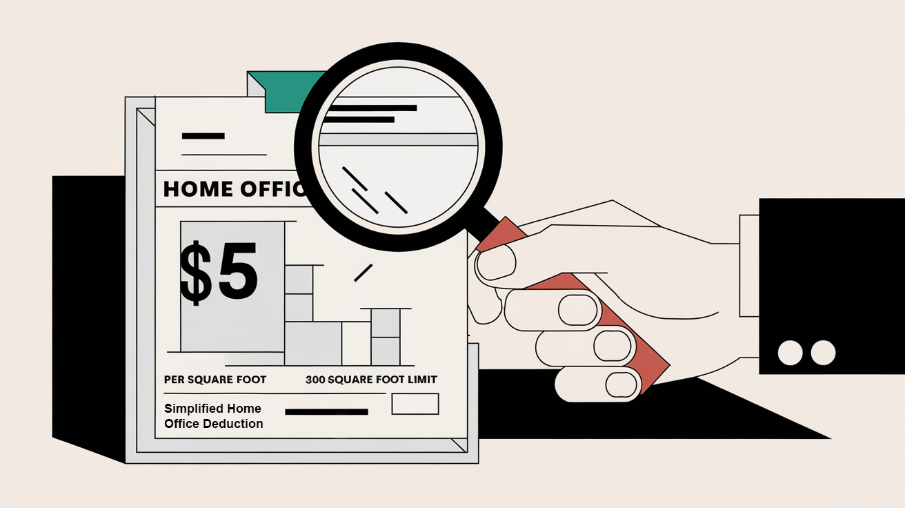 A hand holding a magnifying glass over a stylized home office deduction form.