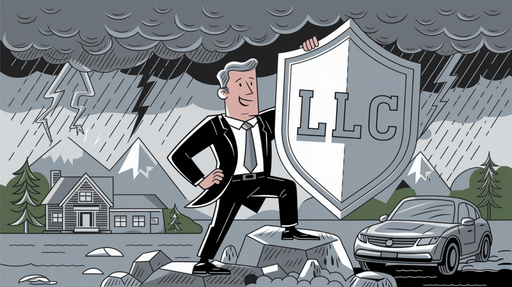 An advertising illustration of a confident business owner holding an "LLC" shield, protecting personal assets from a storm of liabilities.