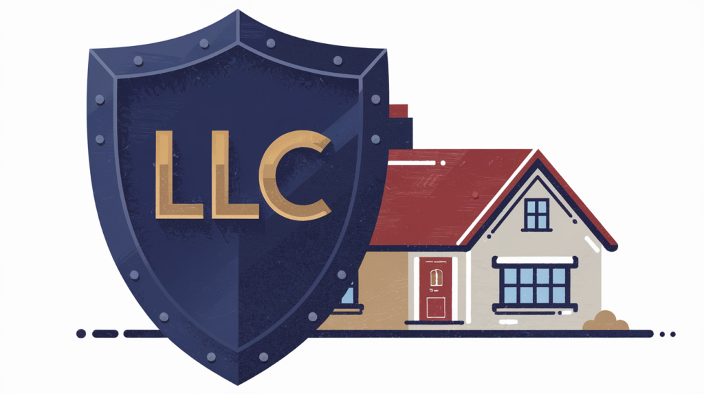A graphic of a shield protecting a house, symbolizing LLC protection for rental properties.