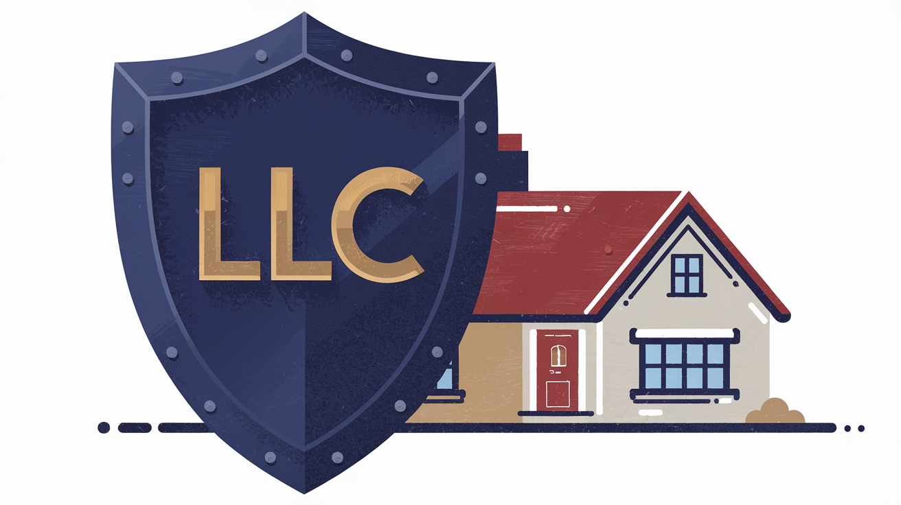 A graphic of a shield protecting a house, symbolizing LLC protection for rental properties.