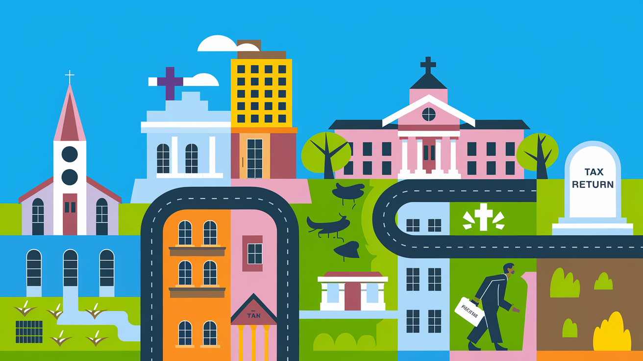 Vector art depicting a city skyline with buildings representing life events and a figure carrying a tax return.
