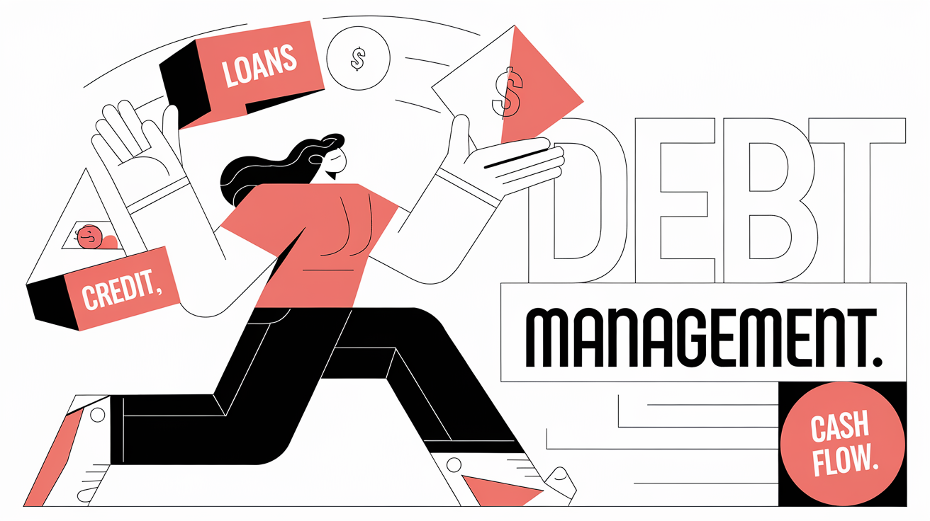 A graphic illustration of a person juggling financial elements.