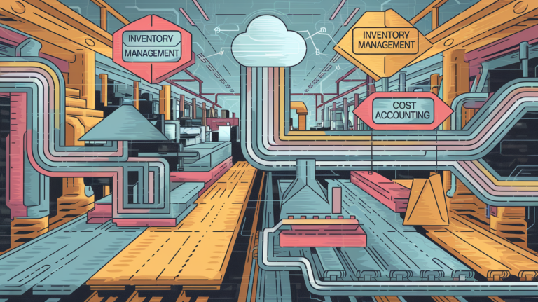 Vector line art of a manufacturing assembly line as a data stream.