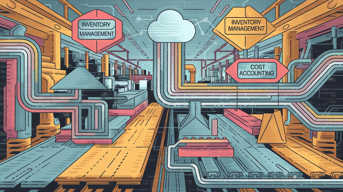 Vector line art of a manufacturing assembly line as a data stream.