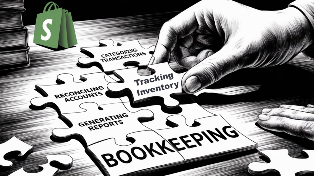 Charcoal illustration of a hand assembling puzzle pieces representing key bookkeeping tasks for Shopify.