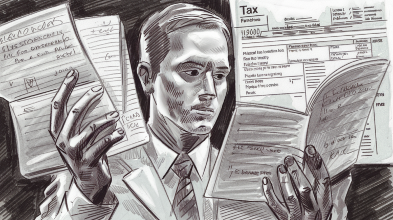 A trader reviewing their trading journal and tax documents.