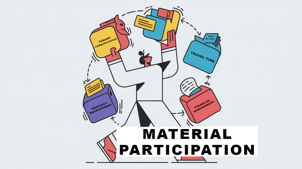 A stylized figure juggling tasks related to real estate management.