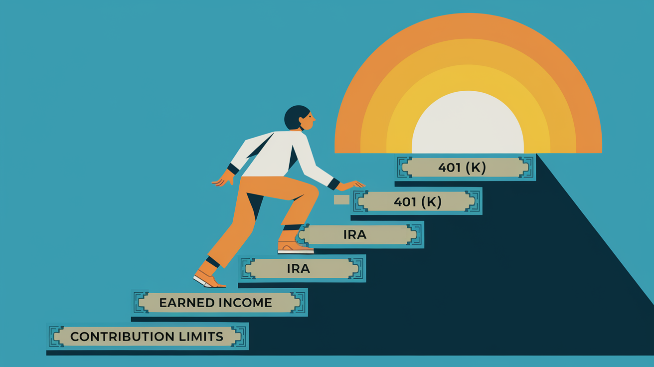 A person climbing stairs of money towards retirement.