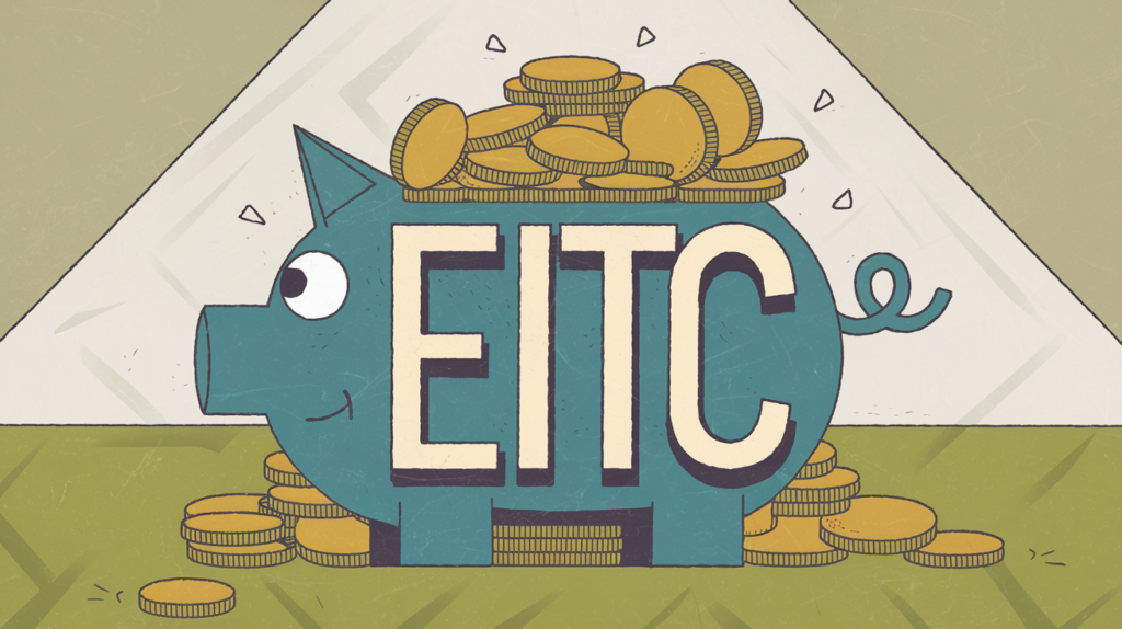 A blue piggy bank overflowing with gold coins, labeled "EITC."