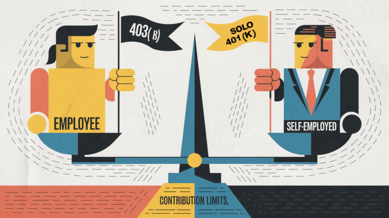 A balanced scale with figures representing "Employee" and "Self-Employed" holding "403(b)" and "Solo 401(k)" flags respectively.