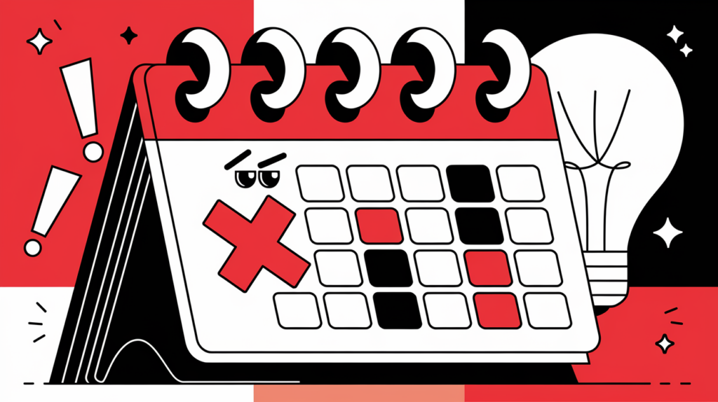 A block illustration depicting a missed tax deadline on a calendar with symbols of stress and solutions.
