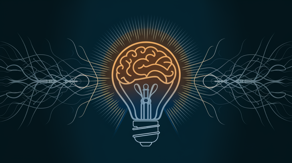 A glowing light bulb with a brain-shaped filament against a network of lines.