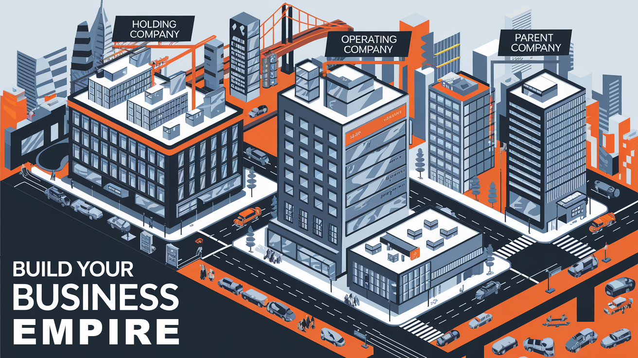 A stylized cityscape with different buildings representing various business entities.