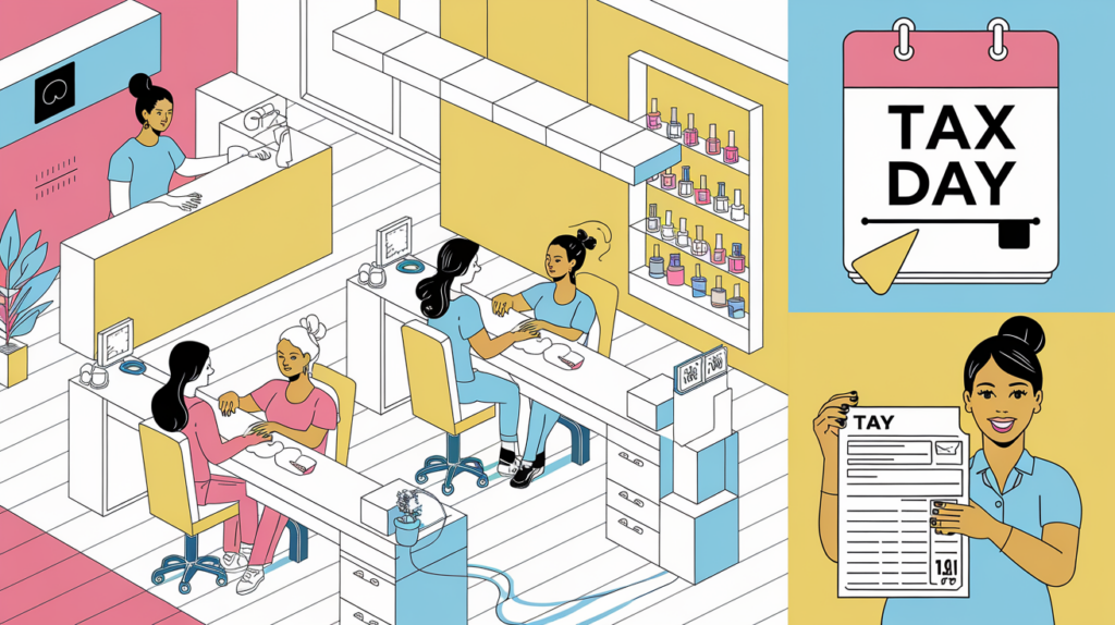 Vector block illustration of a bustling nail salon with tax preparation elements.