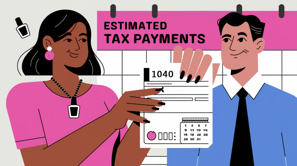 Advertising illustration of a nail salon owner submitting a tax form.