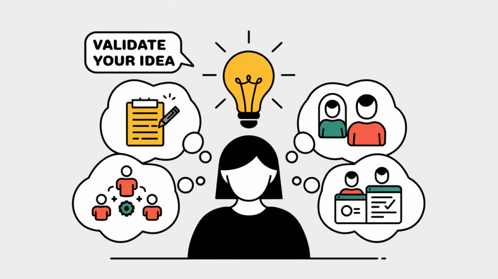 Line art of a person with a lightbulb and thought bubbles representing idea validation