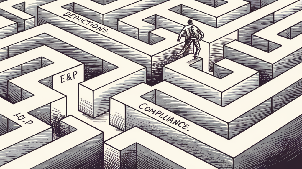 An ink illustration of a maze with pathways representing different aspects of C-Corp taxation, such as "Deductions," "E&P," "Dividends," and "Compliance."