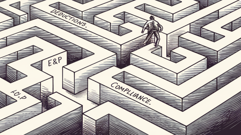 An ink illustration of a maze with pathways representing different aspects of C-Corp taxation, such as "Deductions," "E&P," "Dividends," and "Compliance."