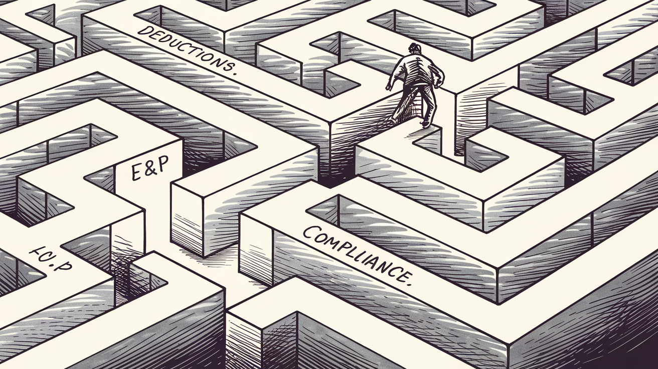 An ink illustration of a maze with pathways representing different aspects of C-Corp taxation, such as "Deductions," "E&P," "Dividends," and "Compliance."