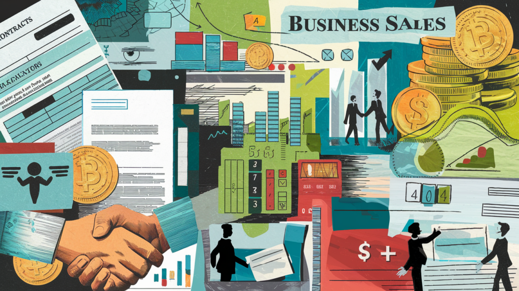 Collage illustration combining various elements related to business sales and capital gains tax.