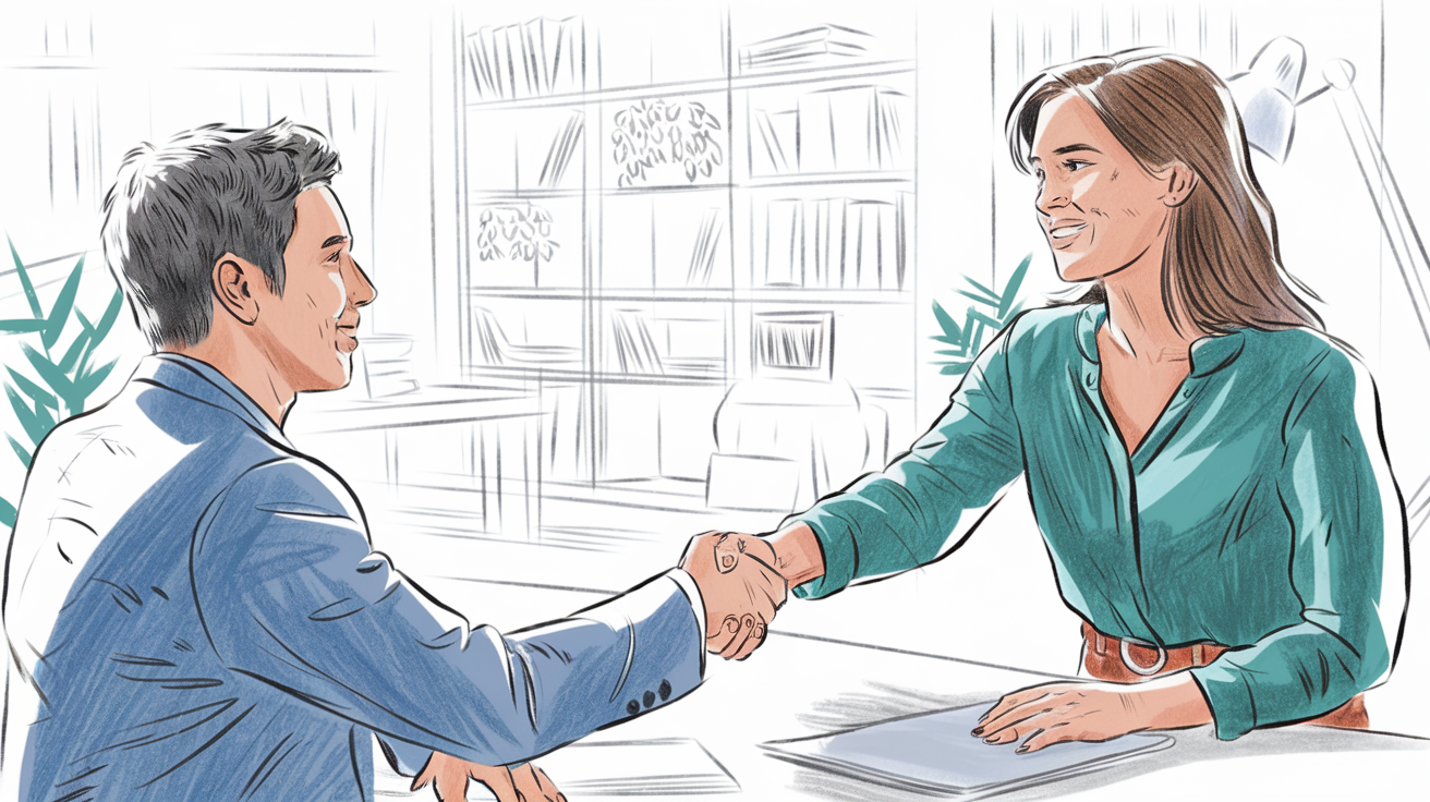 Pencil illustration of a business negotiation, emphasizing the human element of acquisitions.