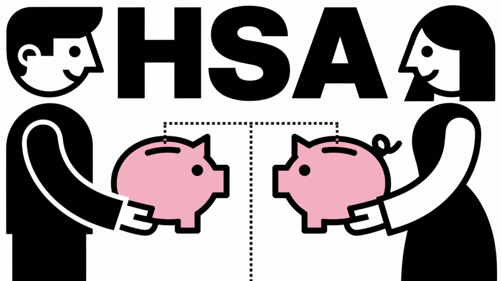 Two figures with piggy banks representing HSAs, connected by a line labeled "Contribution Limit".