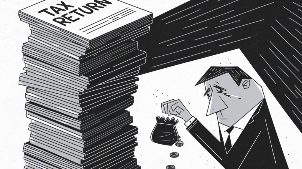 A worried taxpayer overshadowed by a large stack of tax paperwork.