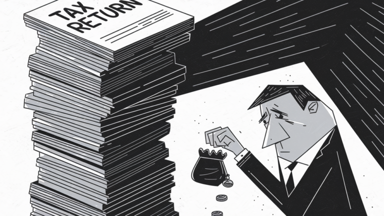 A worried taxpayer overshadowed by a large stack of tax paperwork.