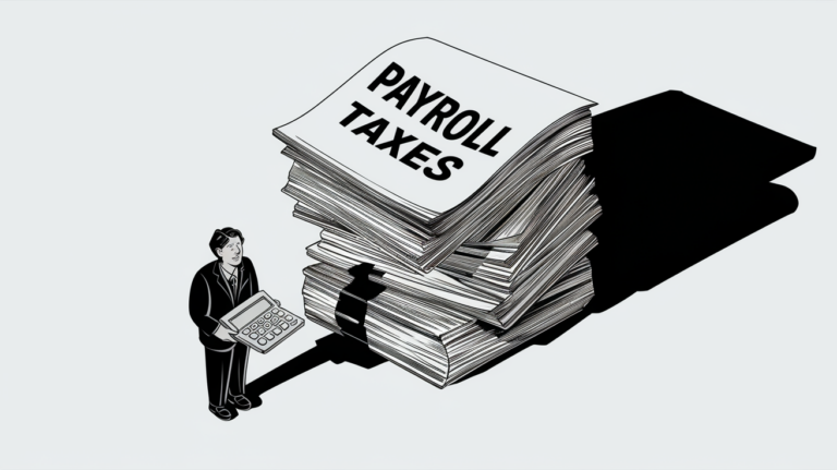 A block illustration showing a person overwhelmed by a large stack of paperwork labeled "Payroll Taxes."