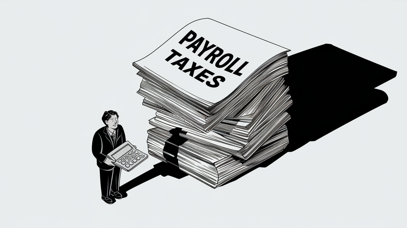 A block illustration showing a person overwhelmed by a large stack of paperwork labeled "Payroll Taxes."