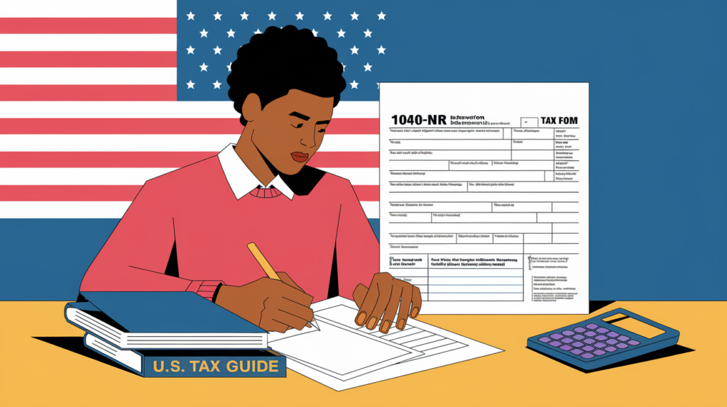 A block illustration of a Canadian student completing a 1040-NR tax form.