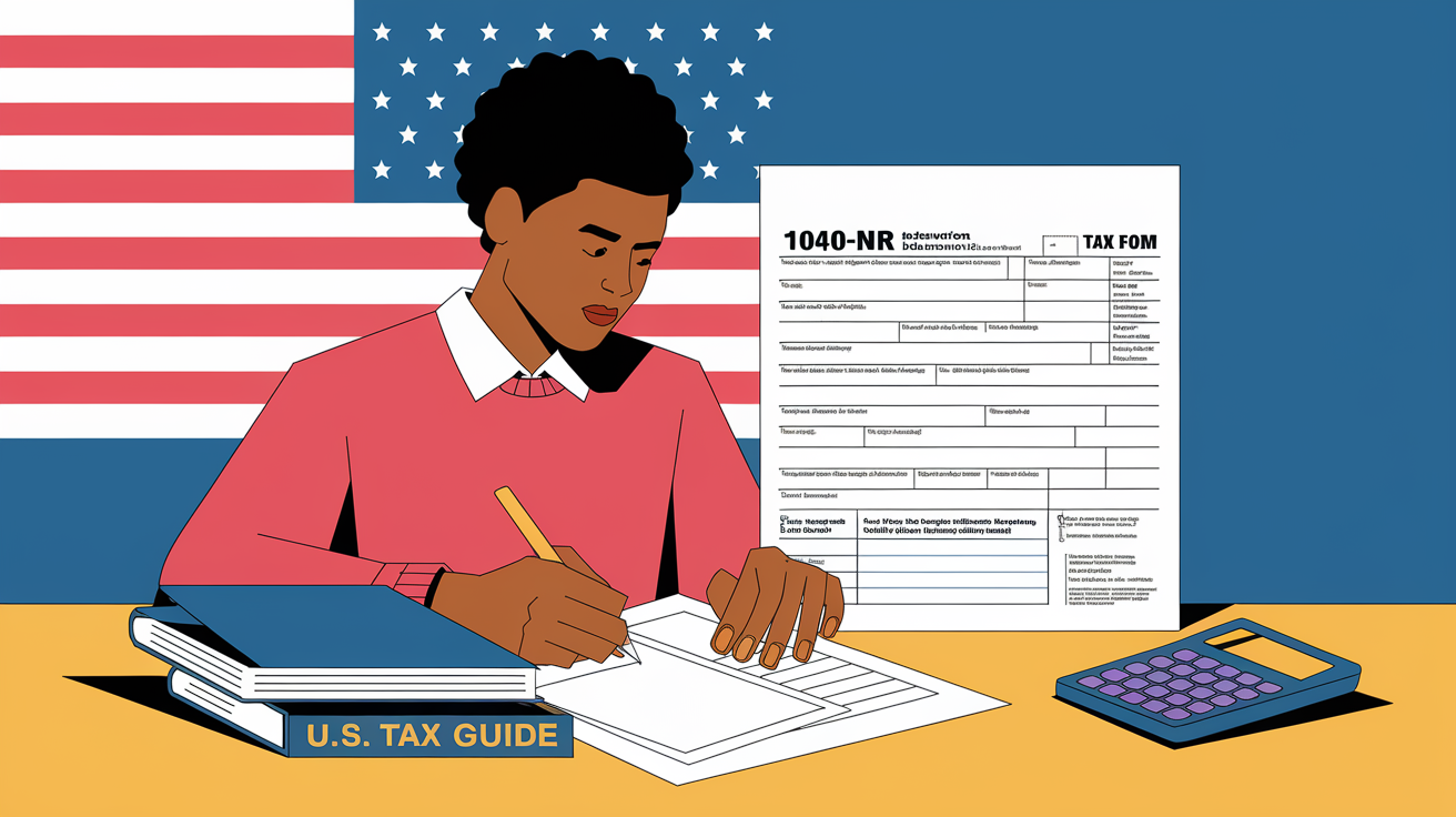 A block illustration of a Canadian student completing a 1040-NR tax form.