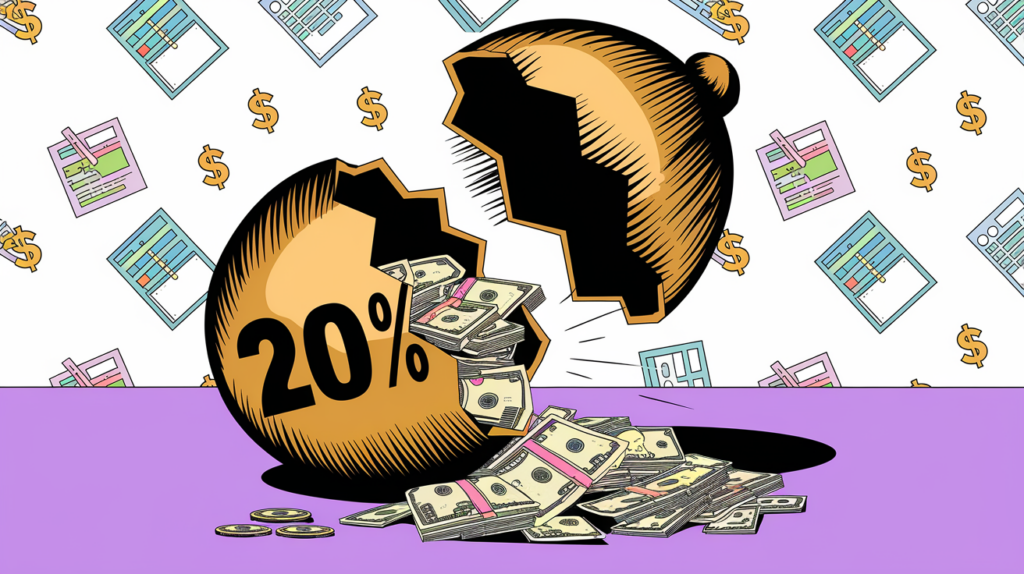 A golden egg cracking open to reveal cash, with "20%" etched on the shell.