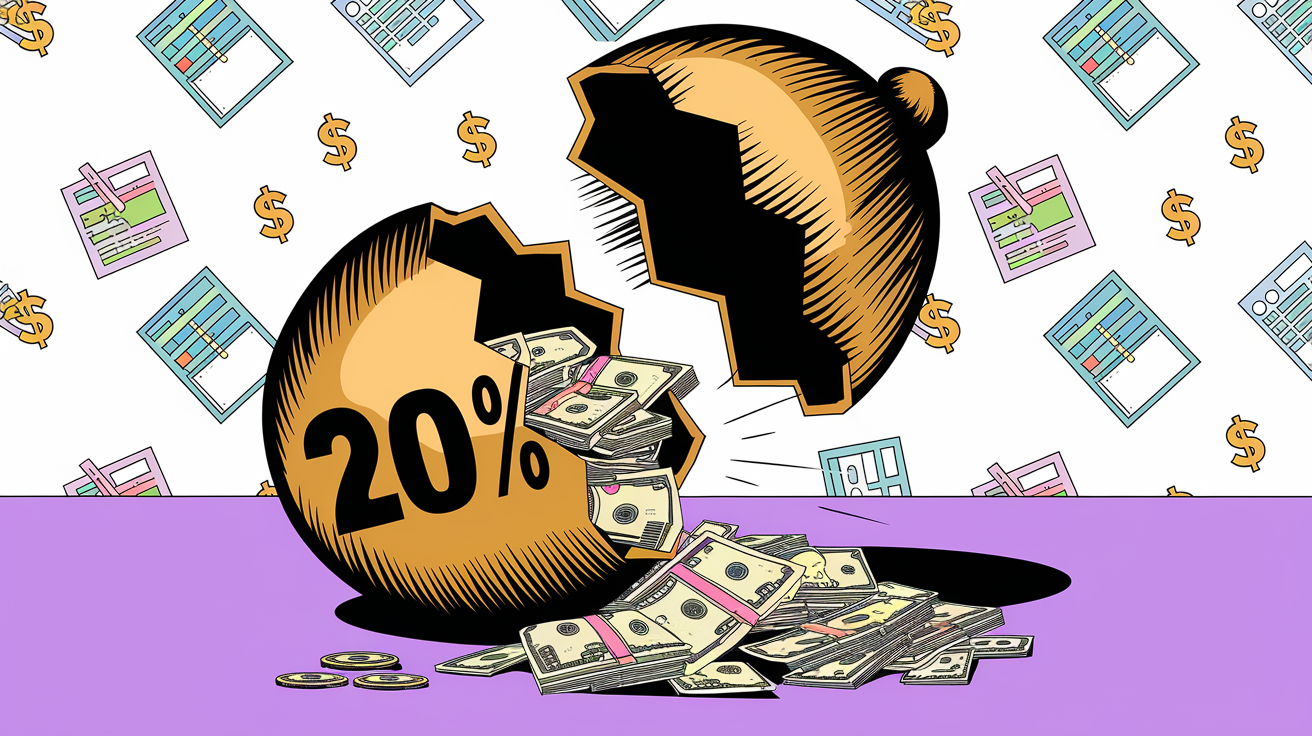 A golden egg cracking open to reveal cash, with "20%" etched on the shell.
