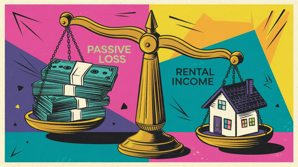A scale with one side weighed down by money, representing passive loss, and the other side lifting a small house, representing rental income.