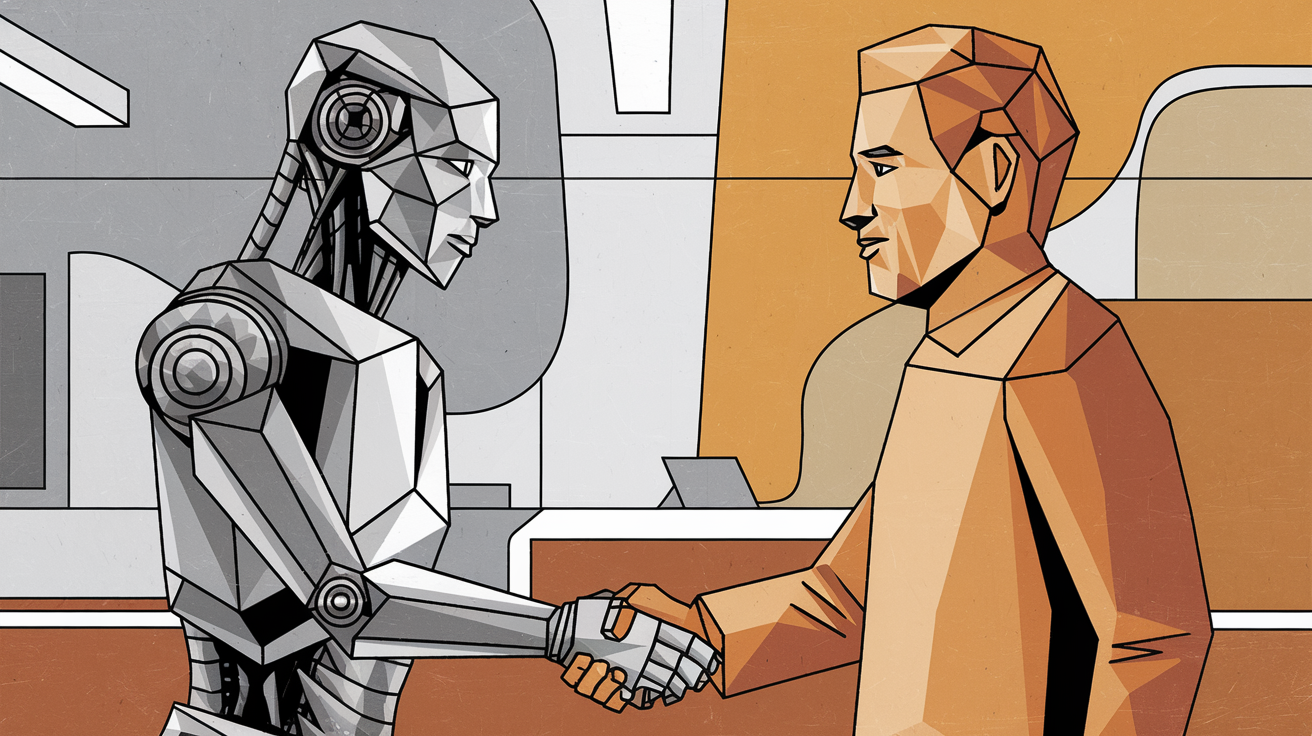 A robot and human shaking hands, representing AI collaboration.