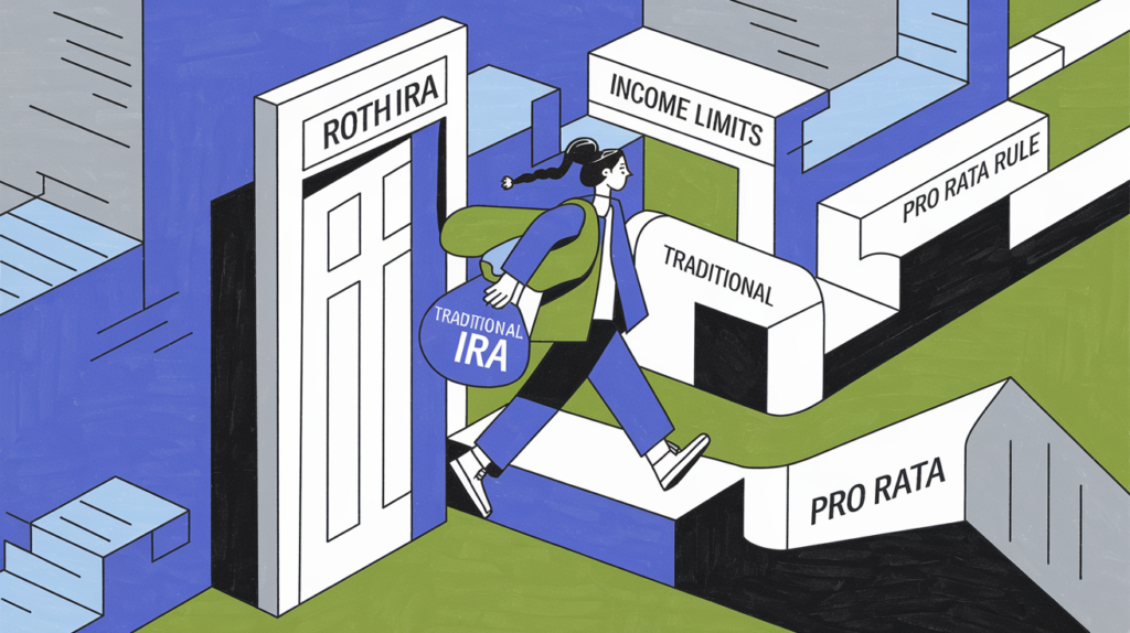 A person carrying a "Traditional IRA" bag walking through a "Roth IRA" doorway, bypassing obstacles like "Income Limits."
