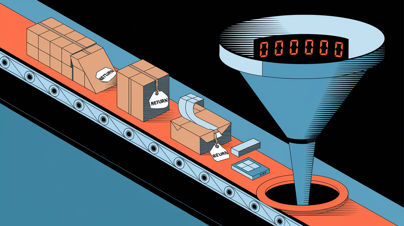 A conveyor belt with returned products leading to a funnel, symbolizing the financial impact of returns.
