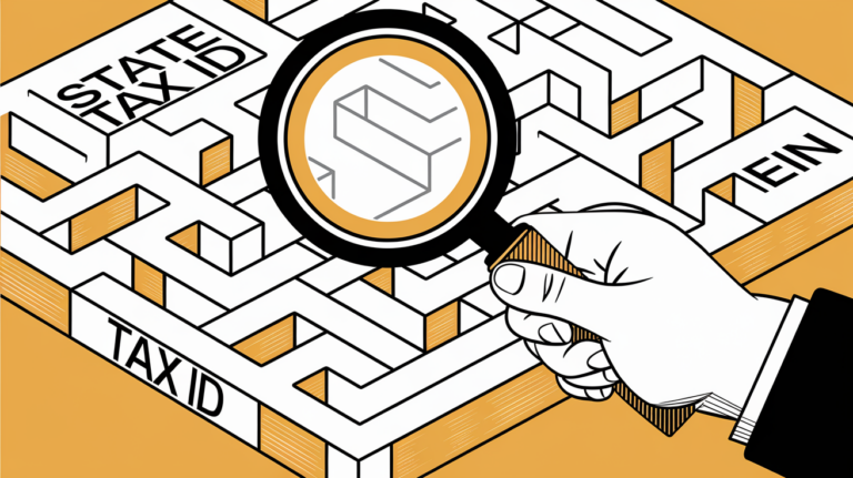 A hand holding a magnifying glass over a maze with "State Tax ID" at the start and "EIN" at the end.
