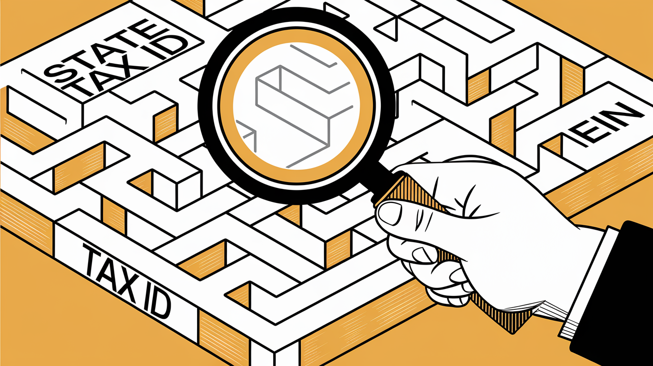 A hand holding a magnifying glass over a maze with "State Tax ID" at the start and "EIN" at the end.