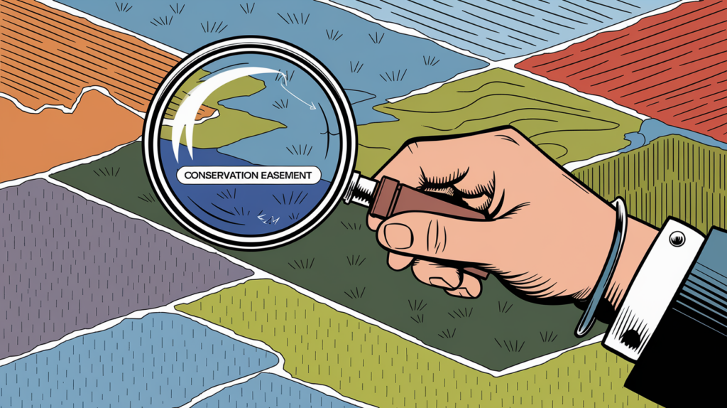 A graphic illustration of a magnifying glass inspecting a landscape with a highlighted section labeled "Conservation Easement."