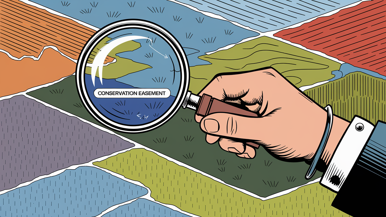 A graphic illustration of a magnifying glass inspecting a landscape with a highlighted section labeled "Conservation Easement."
