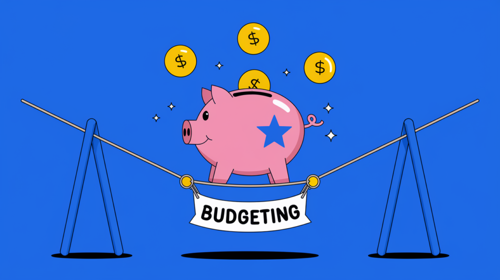 Block illustration of a piggy bank balancing on a tightrope with a "Budgeting" banner, symbolizing financial stability.